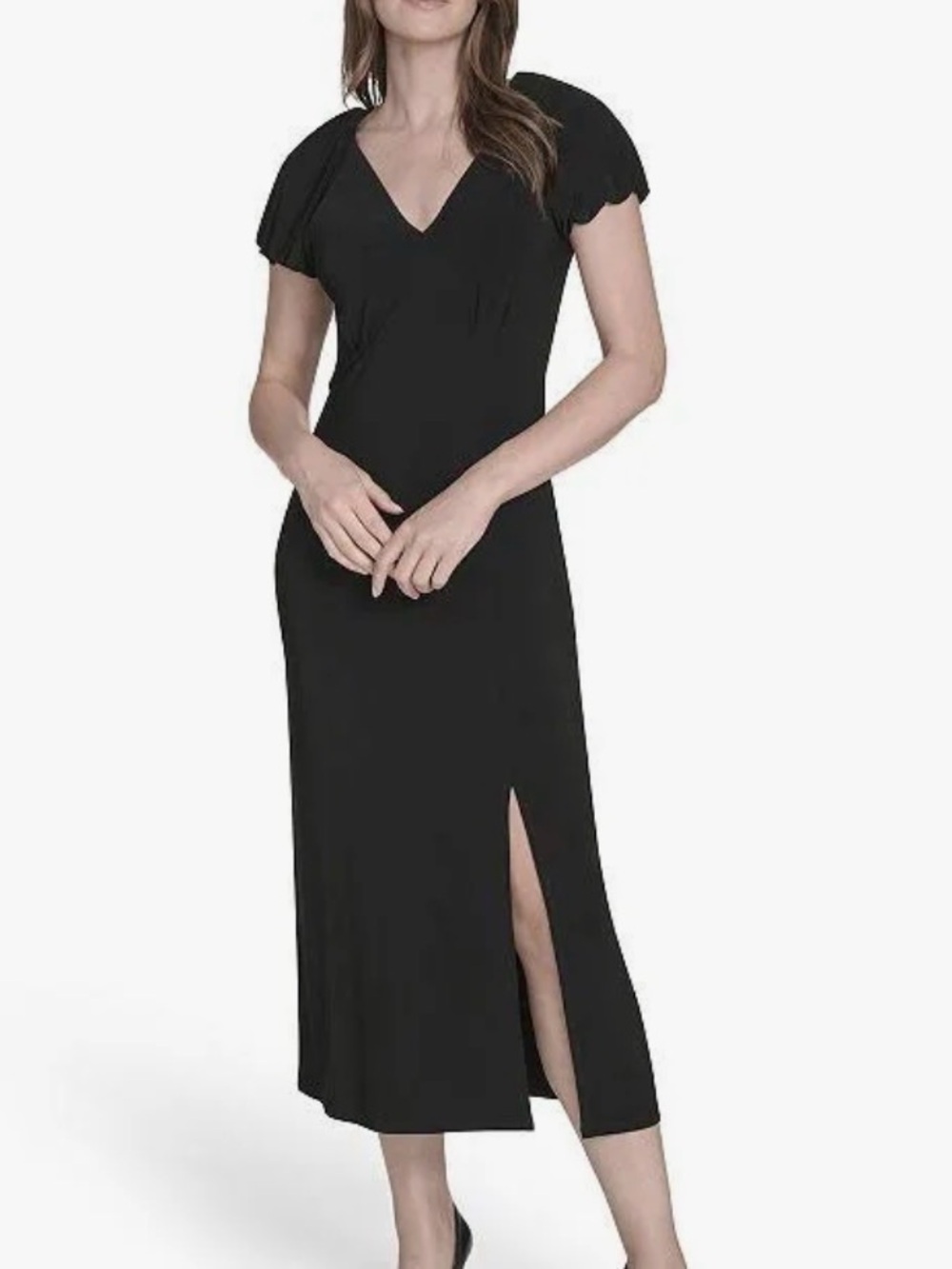 Elegant Black V-Neck Midi Dress with Short Scalloped Sleeves
